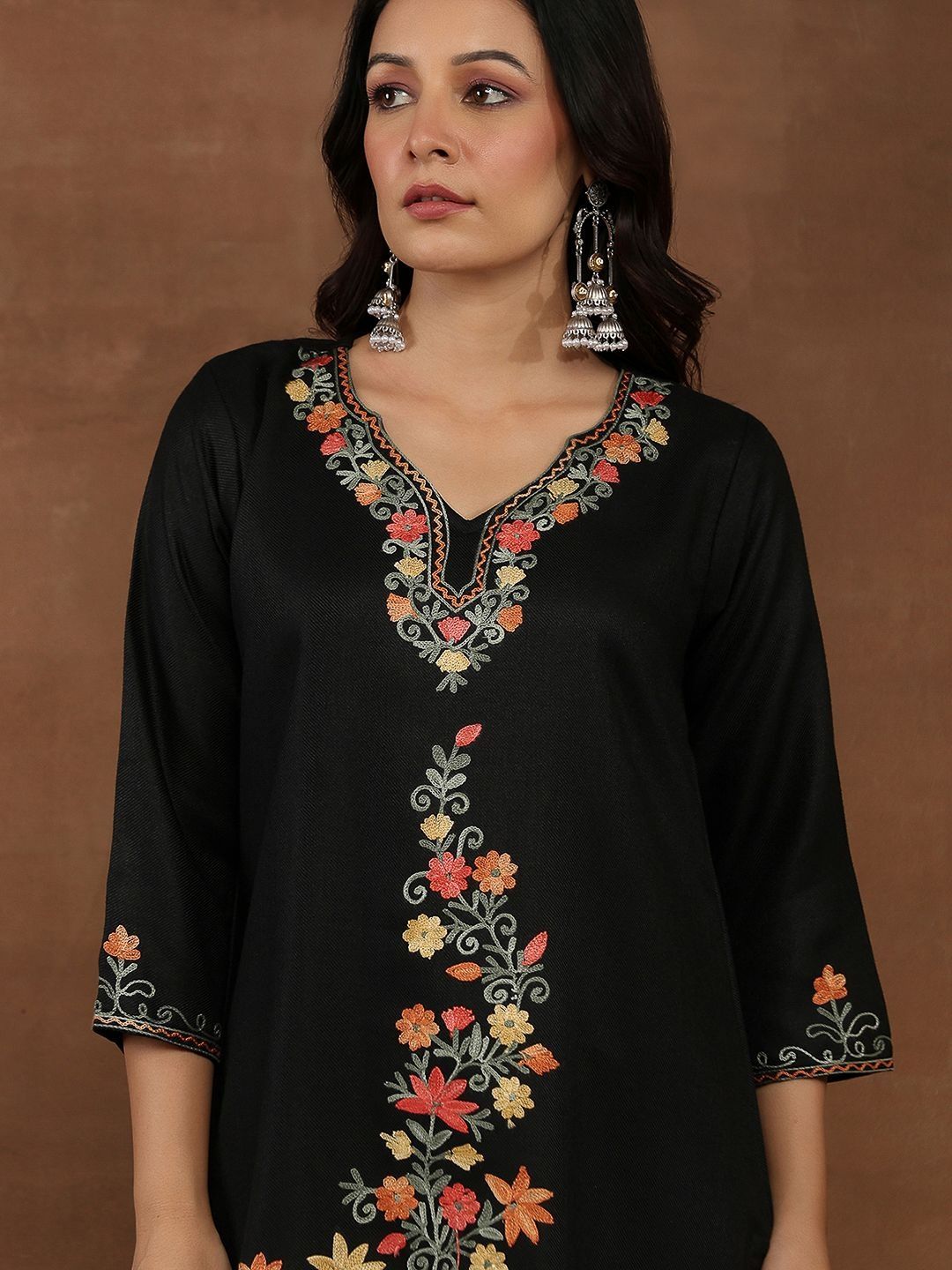 House of Chikankari Women Black Woollen Aari Embroidered Kurta Set