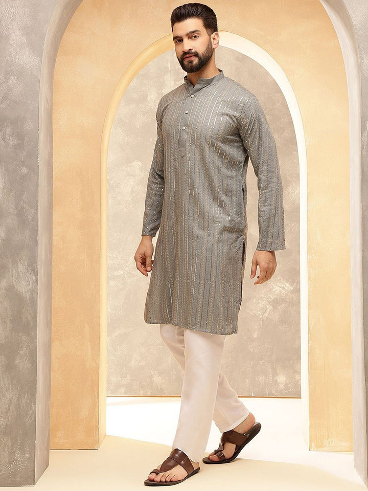 Anouk Grey Geometric Sequence Band Collar Straight Kurta