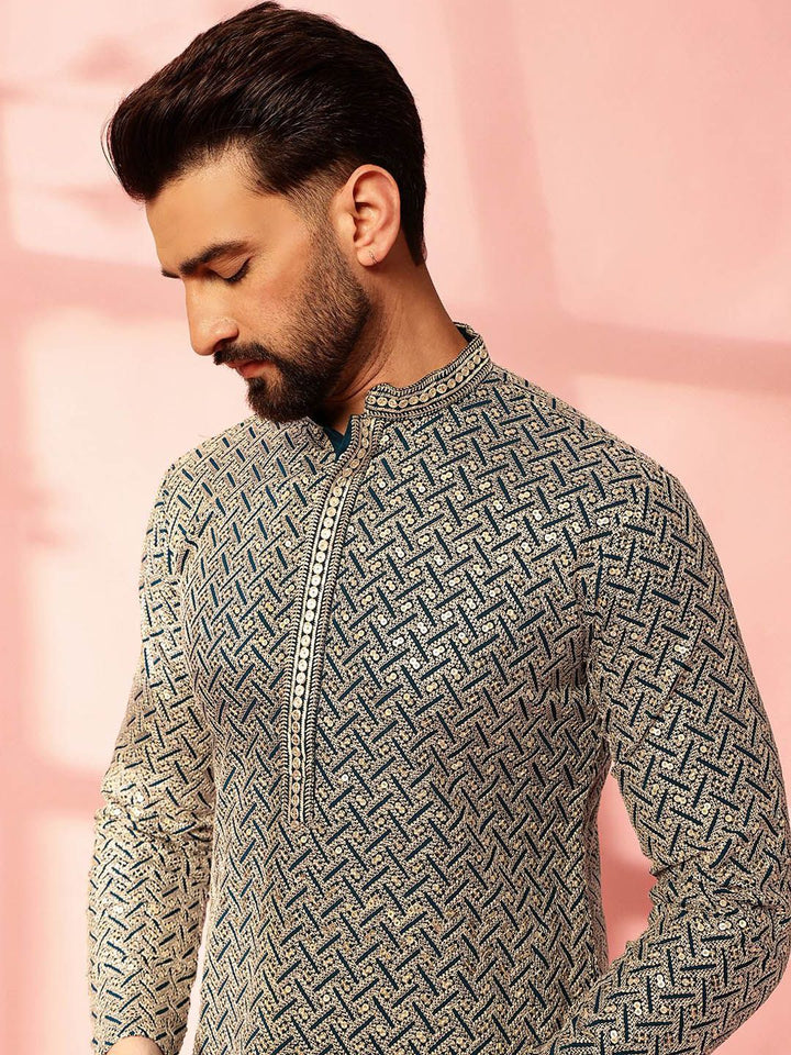 Anouk Kolar Mandarin Sulam Geometrik Labuci Kapas Kurta Lurus