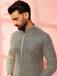 Anouk Kolar Mandarin Sulam Geometrik Labuci Kapas Kurta Lurus