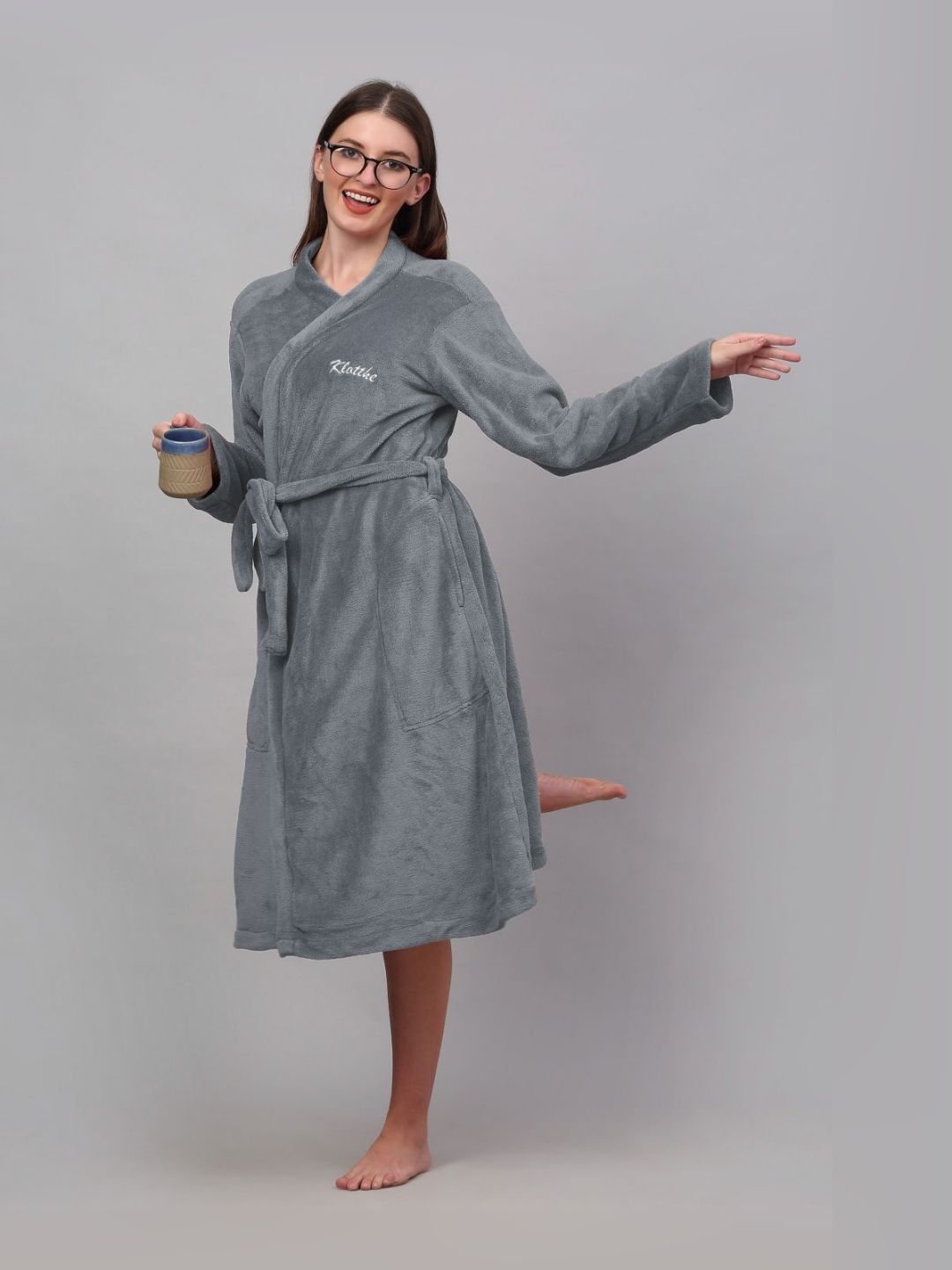 KLOTTHE Grey Woollen Bath Robe With Belt