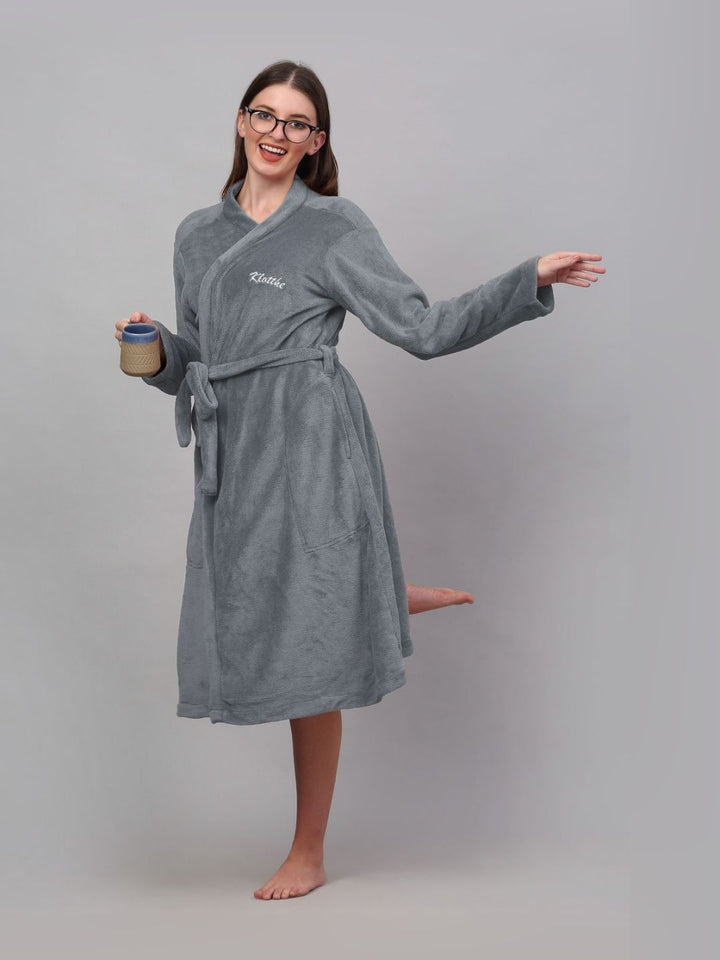 KLOTTHE Grey Woollen Bath Robe With Belt