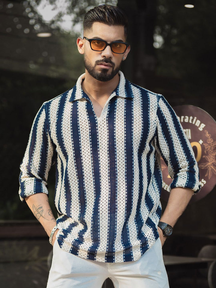 Powerlook Men Spread Collar Vertical Striped Casual Shirt