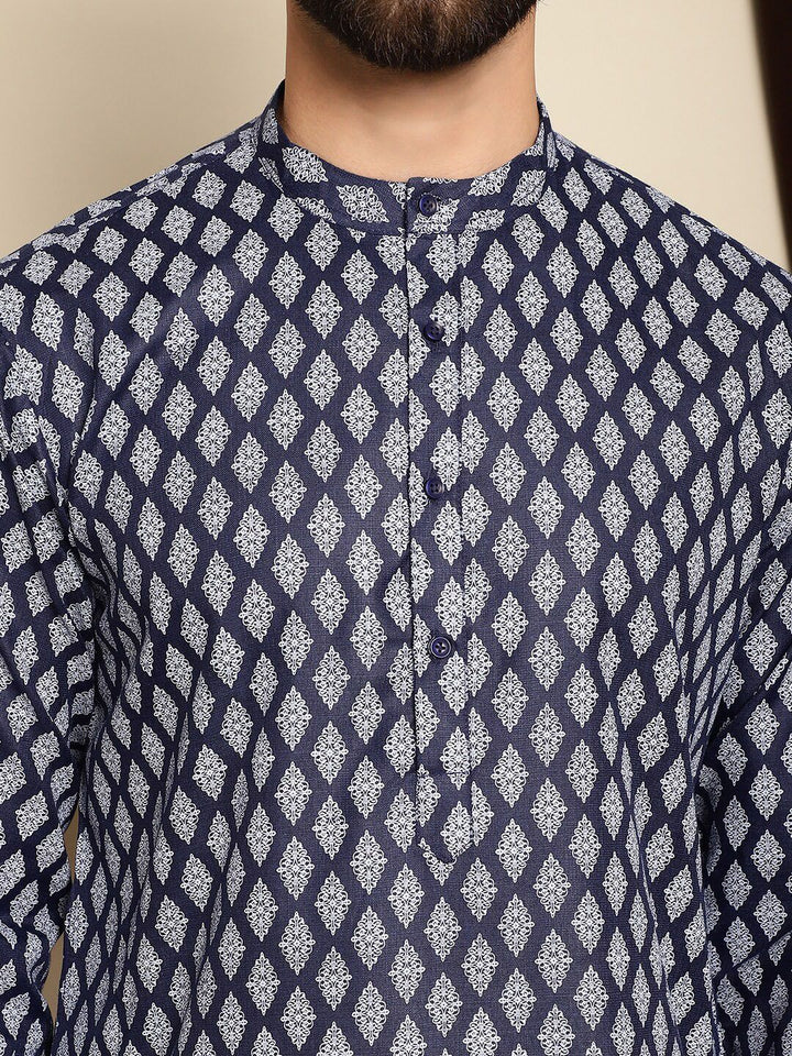 Anouk Navy Blue Bandhani Printed Mandarin Collar Straight Kurta With Churidar