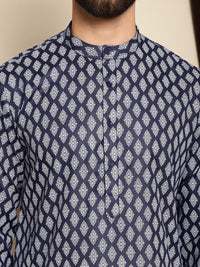 Anouk Navy Blue Bandhani Printed Mandarin Collar Straight Kurta With Churidar