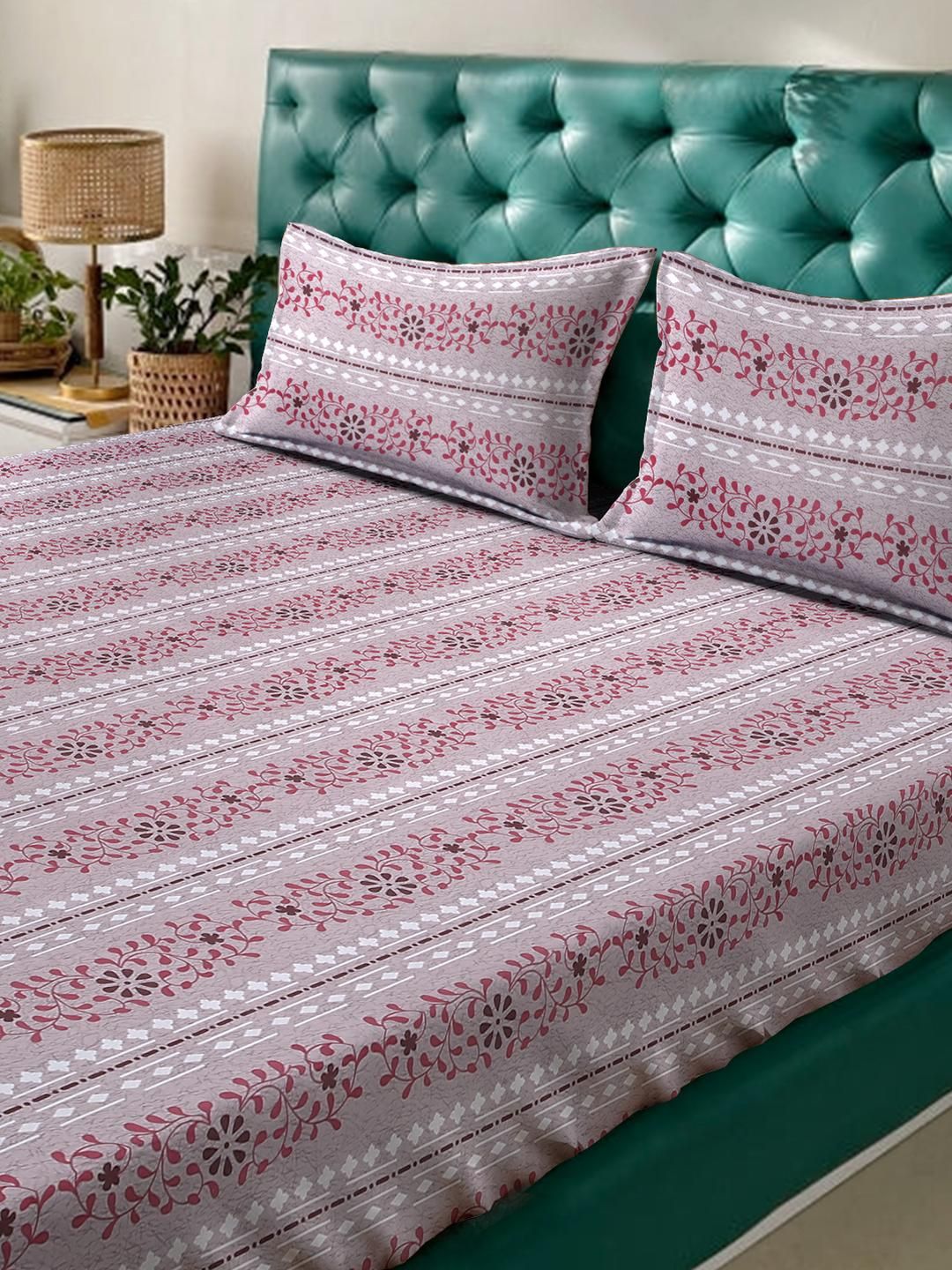 KLOTTHE Pink Floral Printed Dilengkapi 400 TC Kapas Cadar King & 2 Sarung Bantal