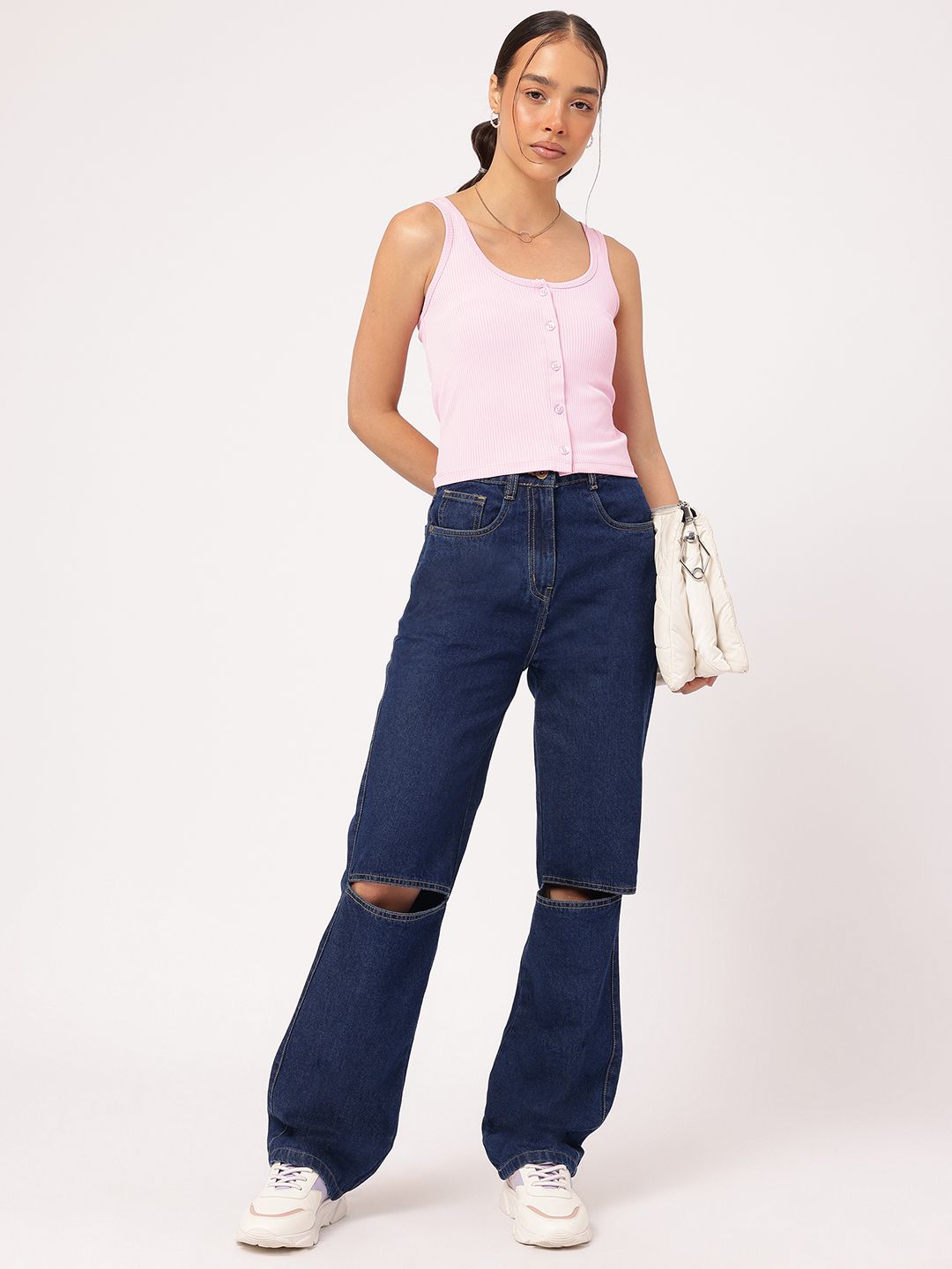 DressBerry Women Slash-Knee Flair Straight Fit Pure Cotton Jeans