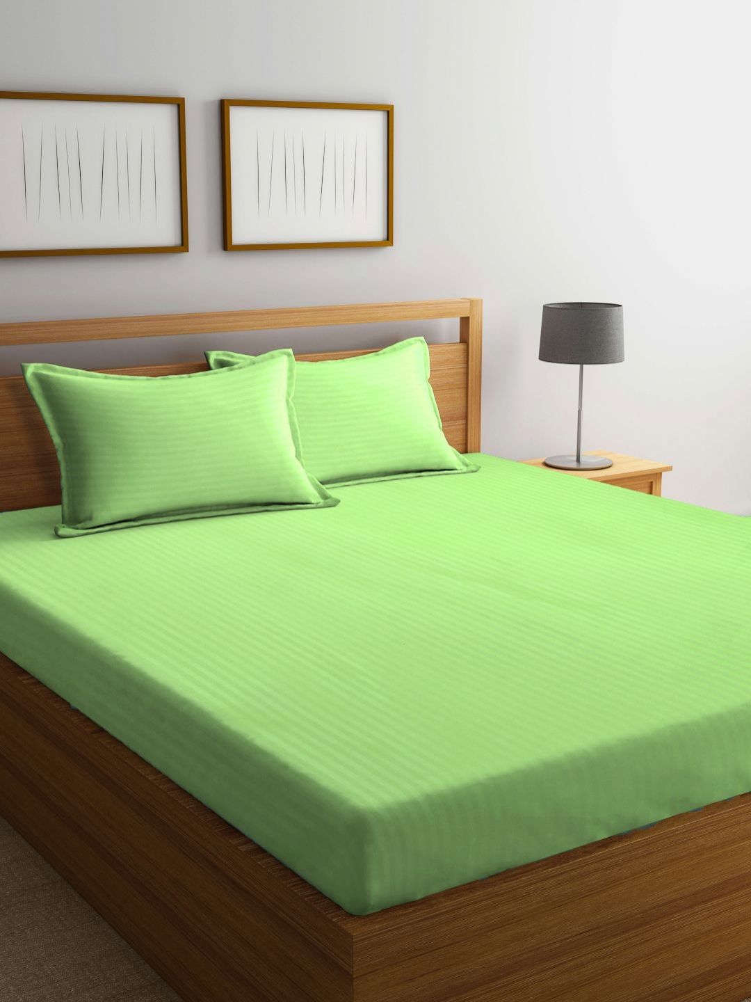 Myntra Elegant Homes Green Striped 300 TC King Bedsheet with 2 Pillow Covers