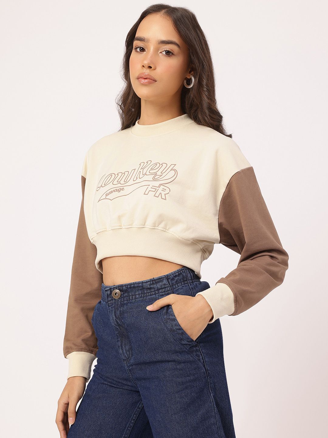 DressBerry Printed Contrast Sleeves Crop Sweatshirt