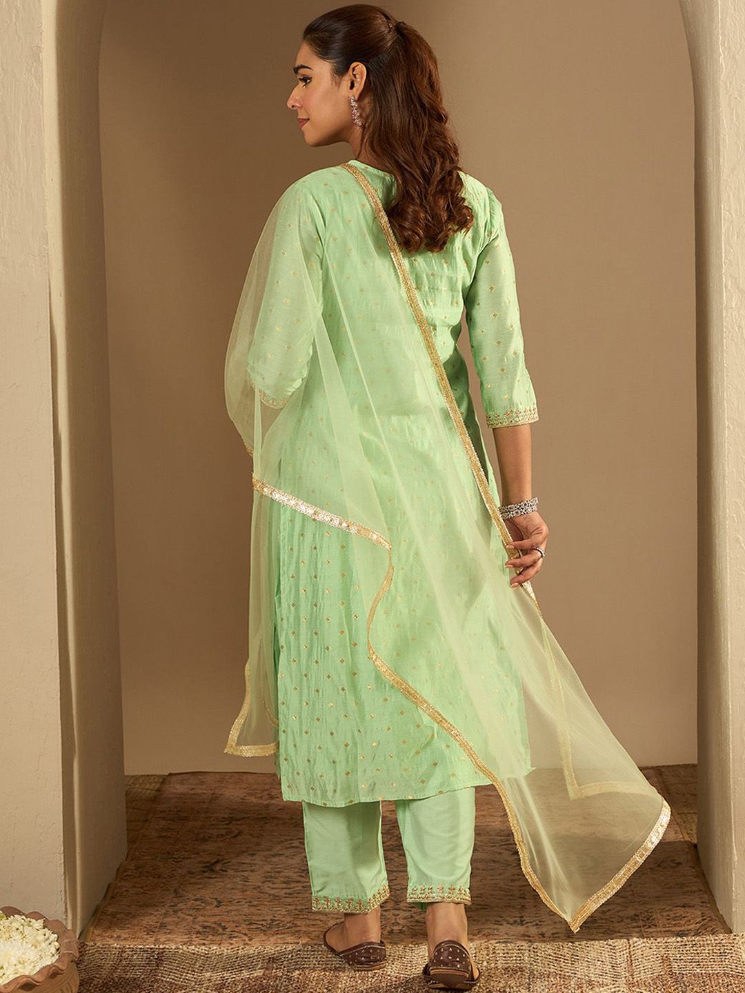 Indo Era Floral Embroidered Chanderi Silk Straight Kurta With Trousers & Dupatta