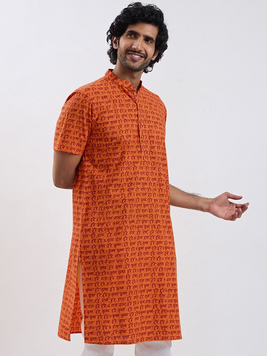 VASTRAMAY Ethnic Hare Krishna Hare Ram Printed Mandarin Collar Cotton Straight Kurta
