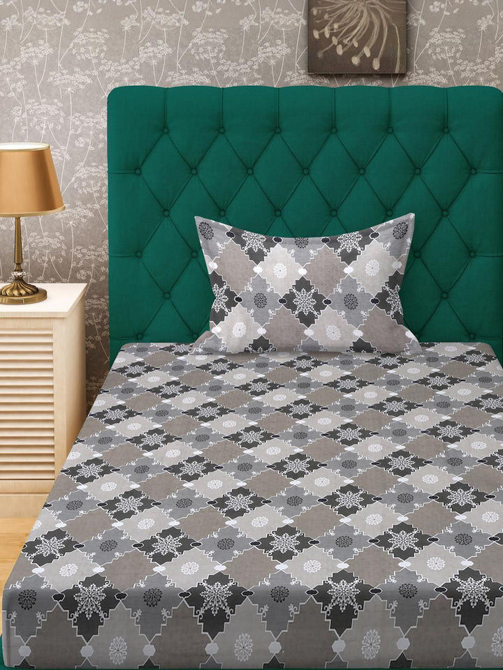 KLOTTHE Grey Geometric Cotton Single Bedsheets