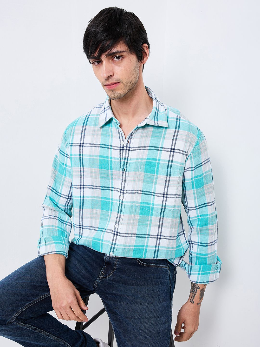 SPYKAR Men Spread Collar Tartan Checked Cotton Casual Shirt