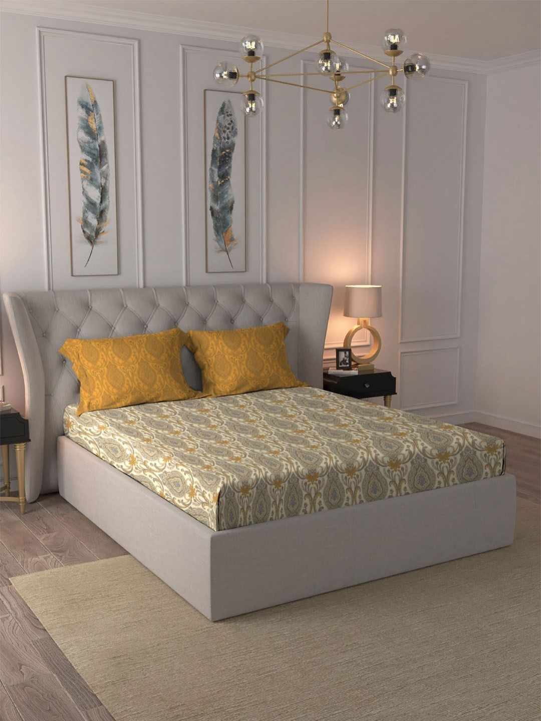 MYTRIDENT Ornate Yellow Dusk & Dawn Flat 144TC Queen Cotton Bedsheet with 2 Pillow Covers