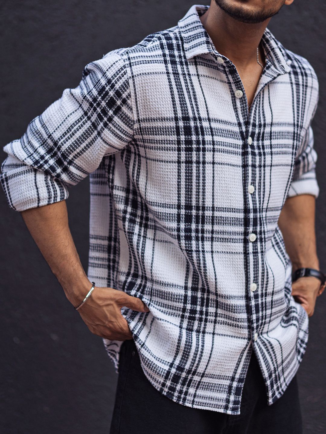 Powerlook Men Spread Collar Tartan Checked Cotton Canvas Casual Shirt