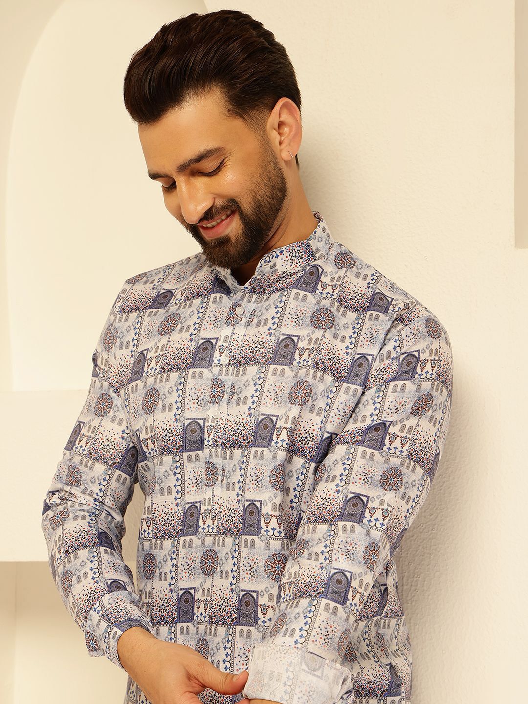 SOJANYA Motif Etnik Printed Mandarin Collar Cotton Straight Kurta