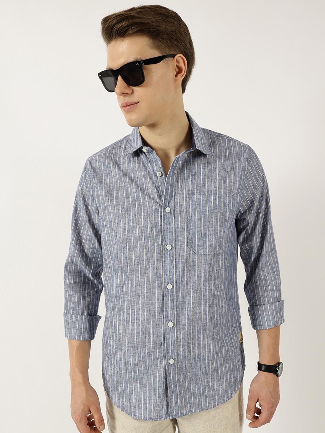 Thomas Scott Men Classic Slim Fit Opaque Striped Casual Shirt
