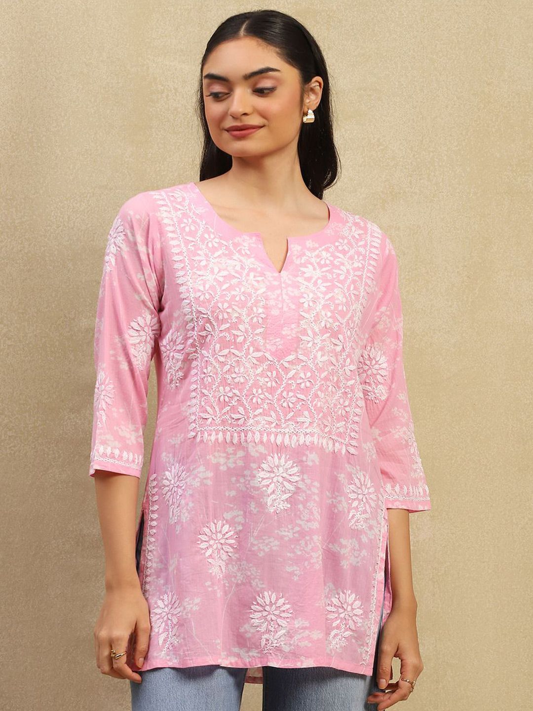 House of Chikankari Women Pink Cotton Chikankari Embroidered Kurta
