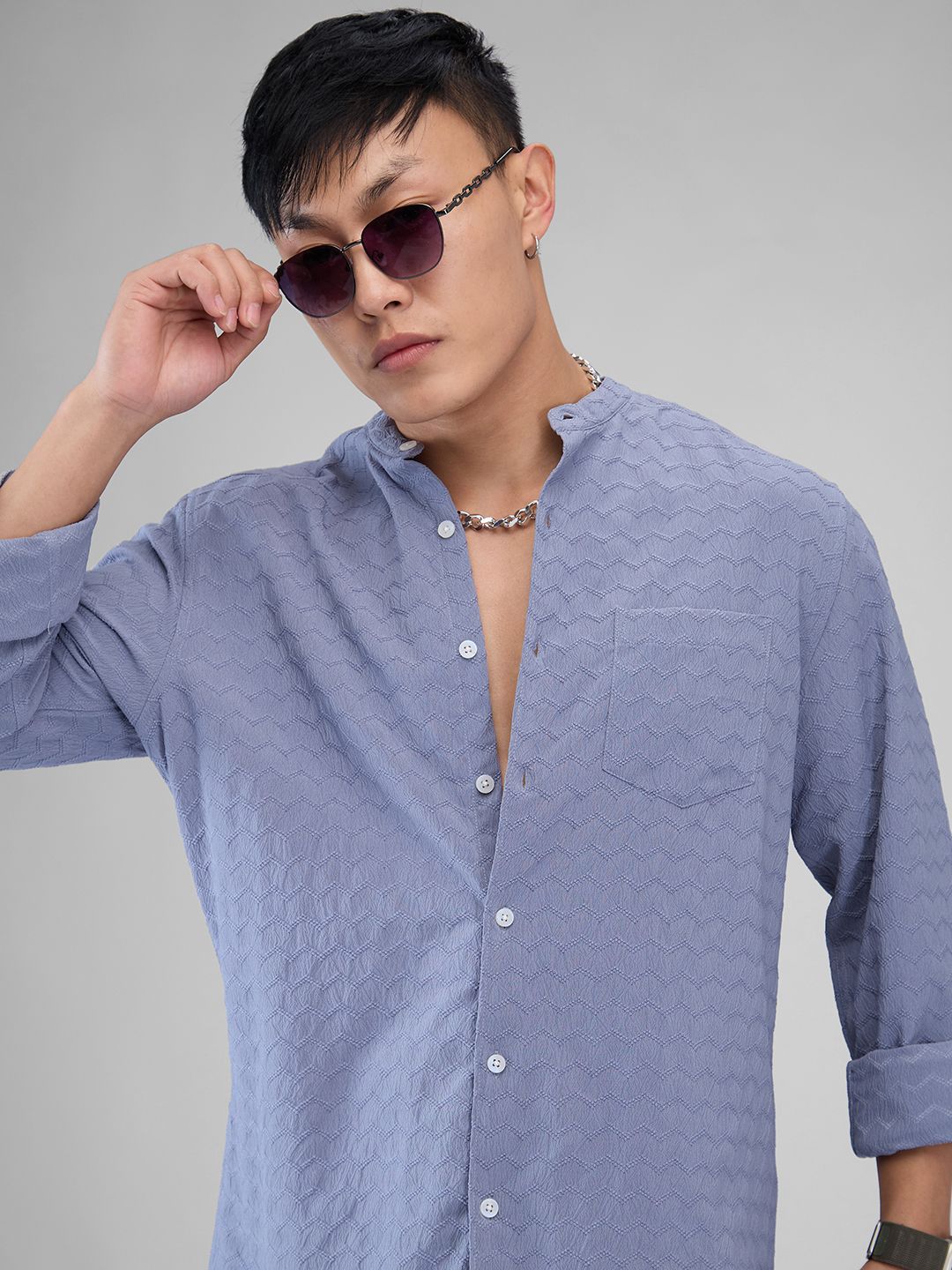 VASTRADO Men Classic Mandarin Collar Textured Casual Shirt
