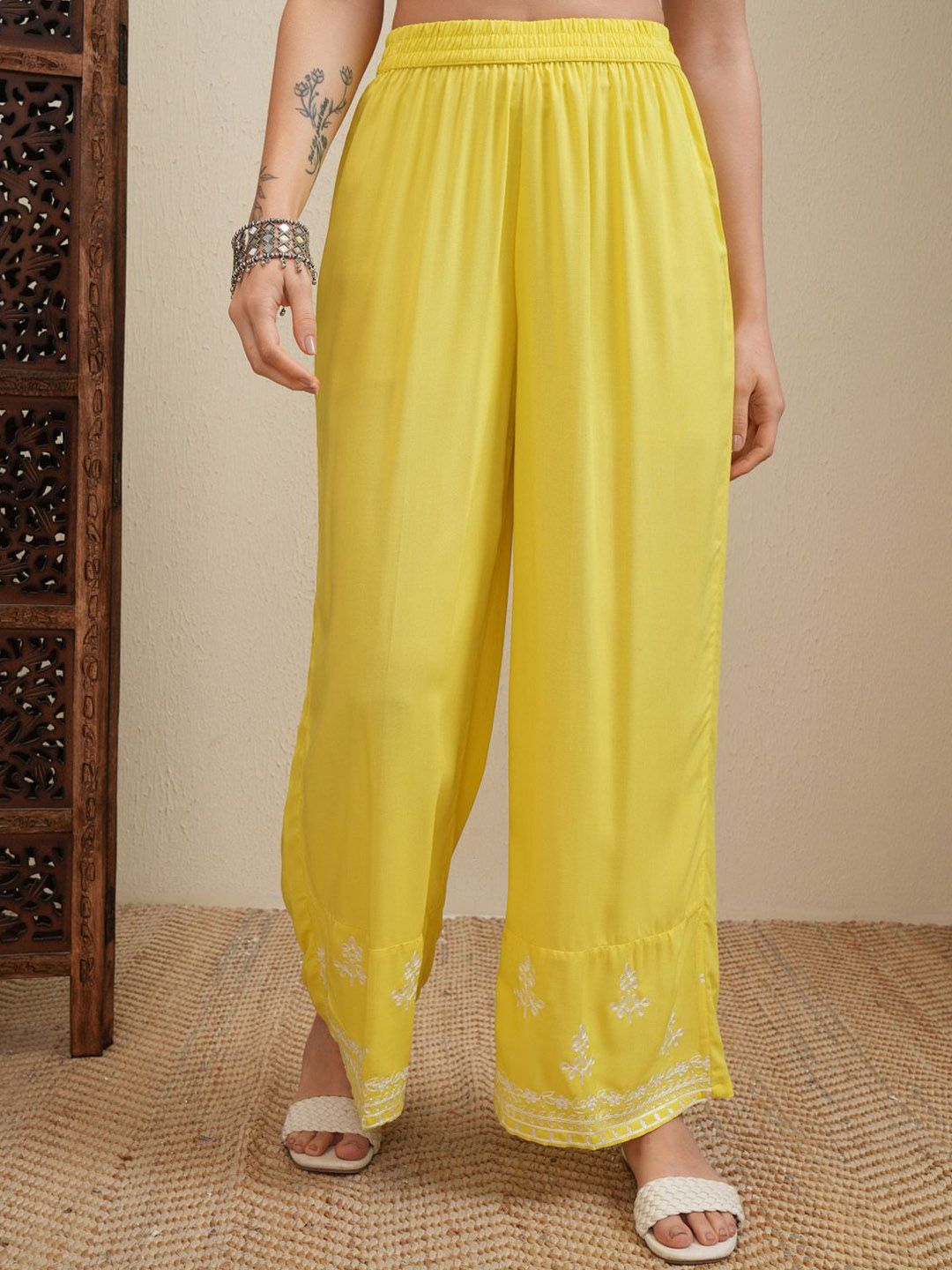 Vishudh Yellow Floral Embroidered Round Neck Thread Work Straight Kurta With Palazzos