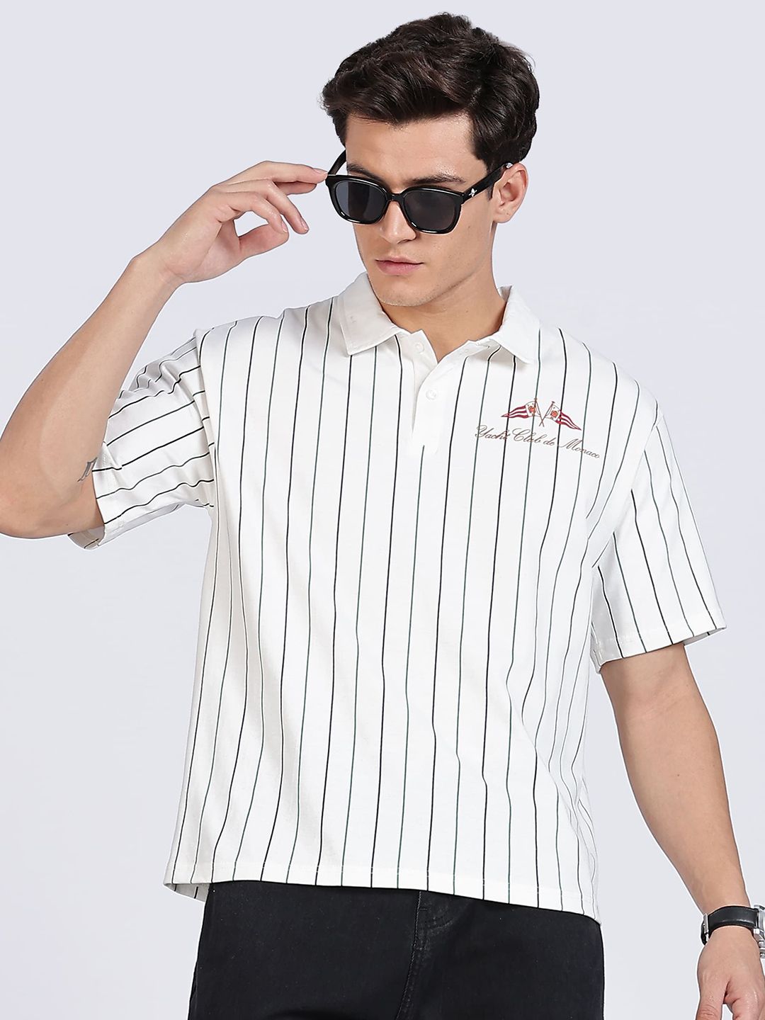 Eszett Greek Yacht White Polo Striped Cotton Collar Drop-Shoulder Sleeves Oversized Fit T-shirt