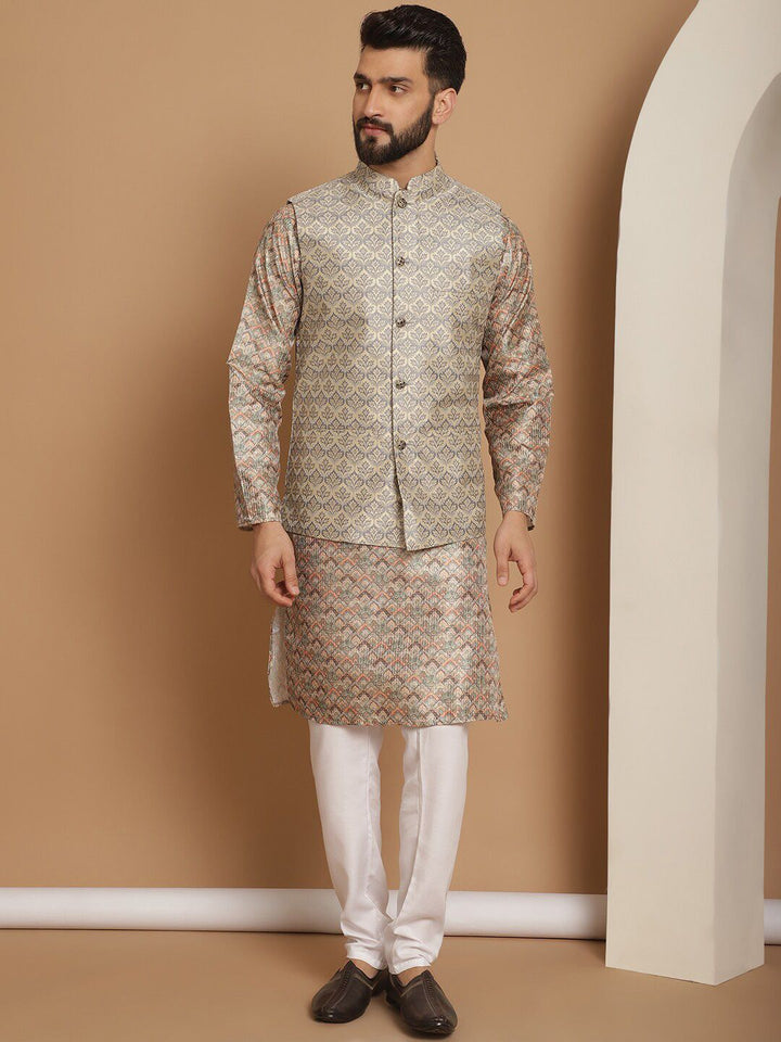 Anouk Beige Woven Design Striped Regular Straight Kurta With Churidar