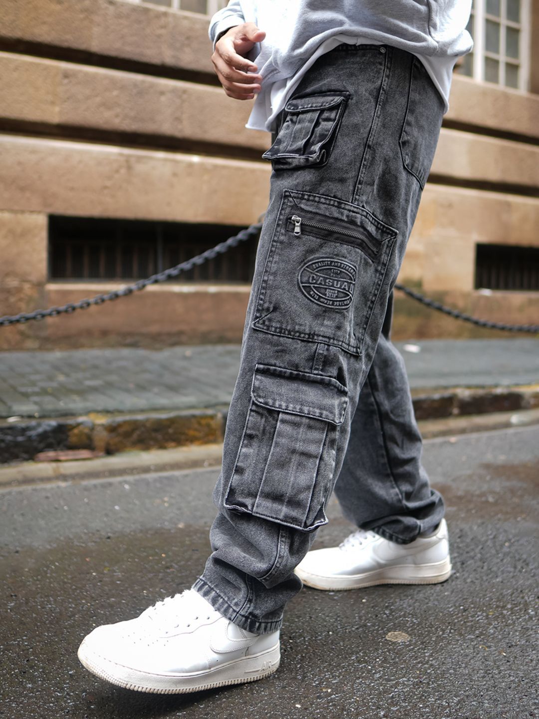 Powerlook Men Loose Baggy Fit Pure Cotton Denim Cargos
