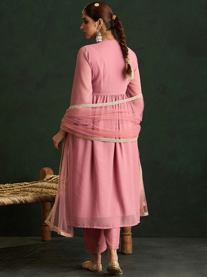 Indo Era Mauve Paisley Embroidered V-Neck Georgette A-Line Kurta with Trousers & Dupatta