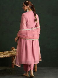 Indo Era Mauve Paisley Embroidered V-Neck Georgette A-Line Kurta with Trousers & Dupatta