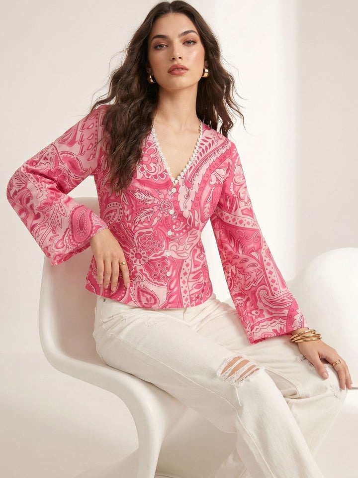Mamicha Print Flared Sleeve Bohemian Top