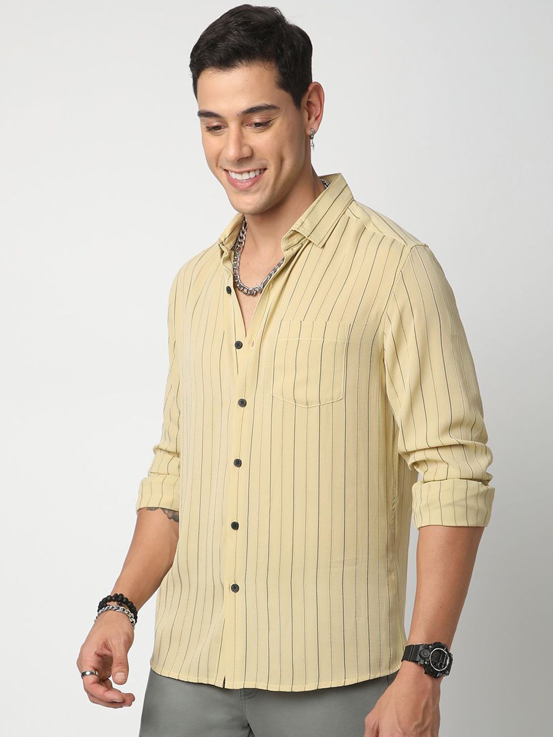VASTRADO Men Classic Spread Collar Vertical Striped Slim Fit Casual Shirt