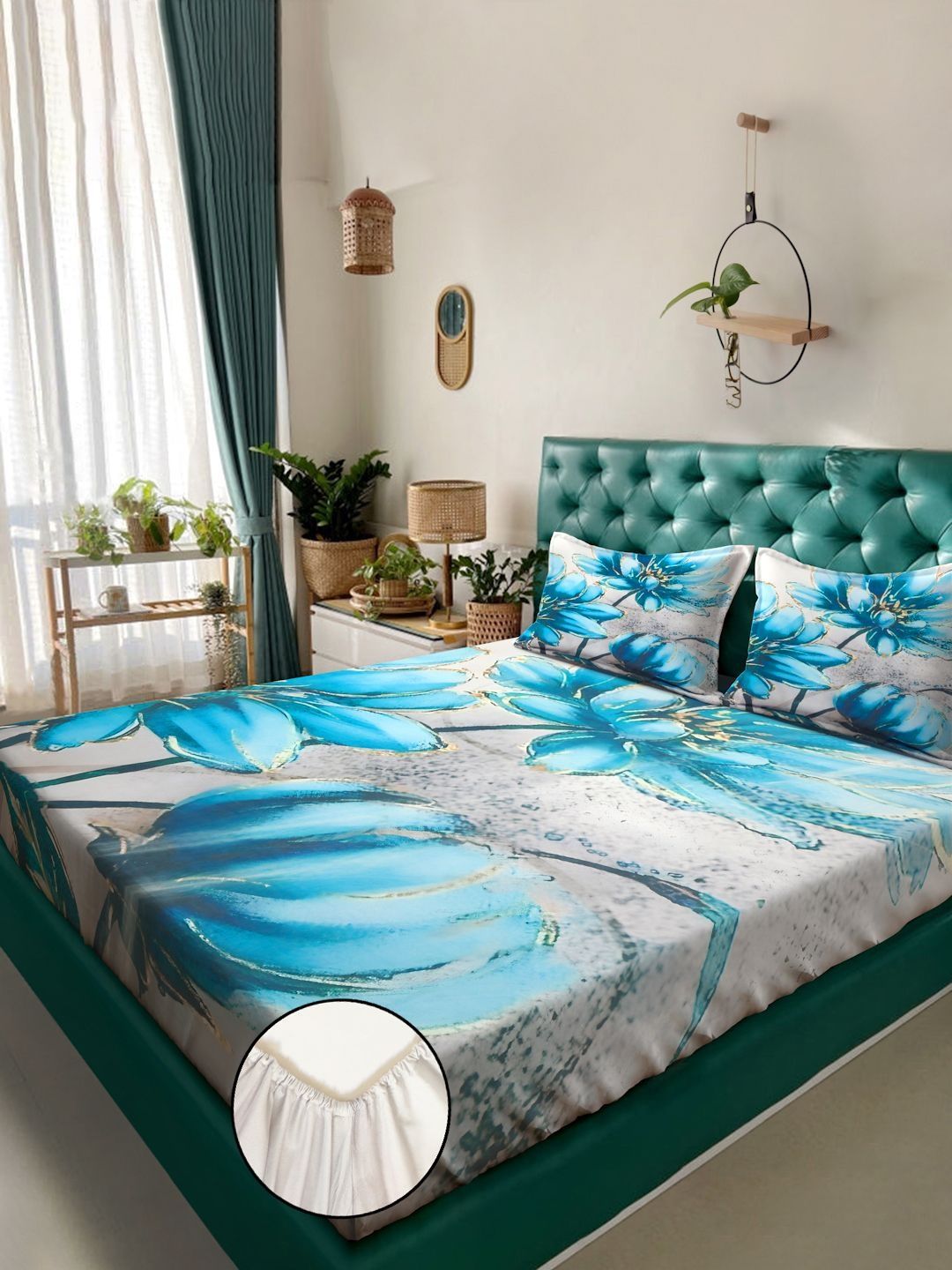 KLOTTHE Biru & Kelabu Bercetak Bunga Dilengkapi Cadar Katil Super King 300 TC Dengan 2 Sarung Bantal