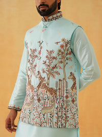 SOJANYA LUXE Thread Work Silk Cotton Straight Kurta with Churidar & Nehru Jacket