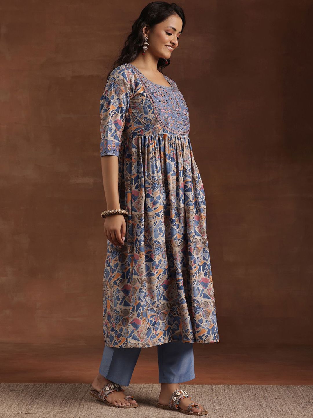 Libas Abstract Printed Pleated Anarkali Kurta With Trouser & Dupatta