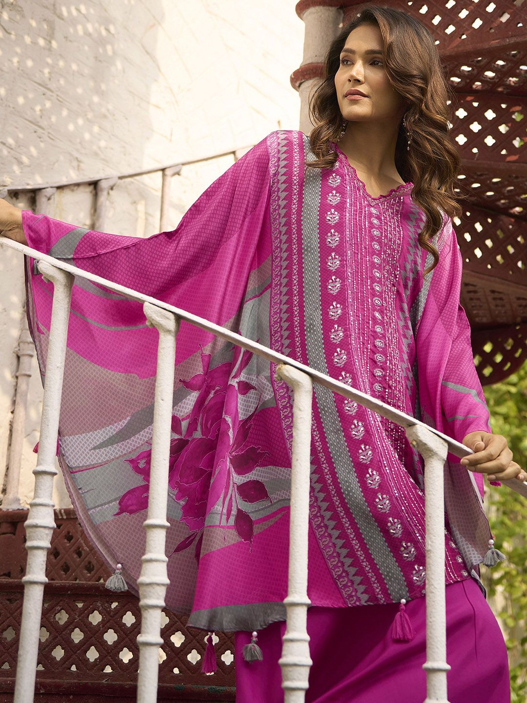 Anouk Floral Printed V-Neck Pure Silk Top With Palazzo