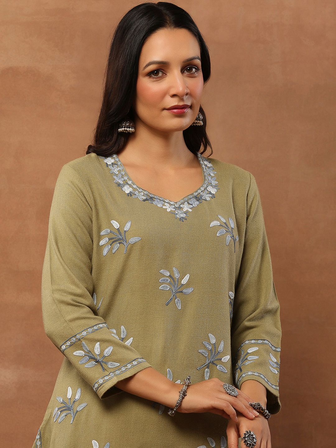 House of Chikankari Women Olive Woolen Aari Sulam Kurta