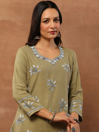 House of Chikankari Women Olive Woolen Aari Sulam Kurta