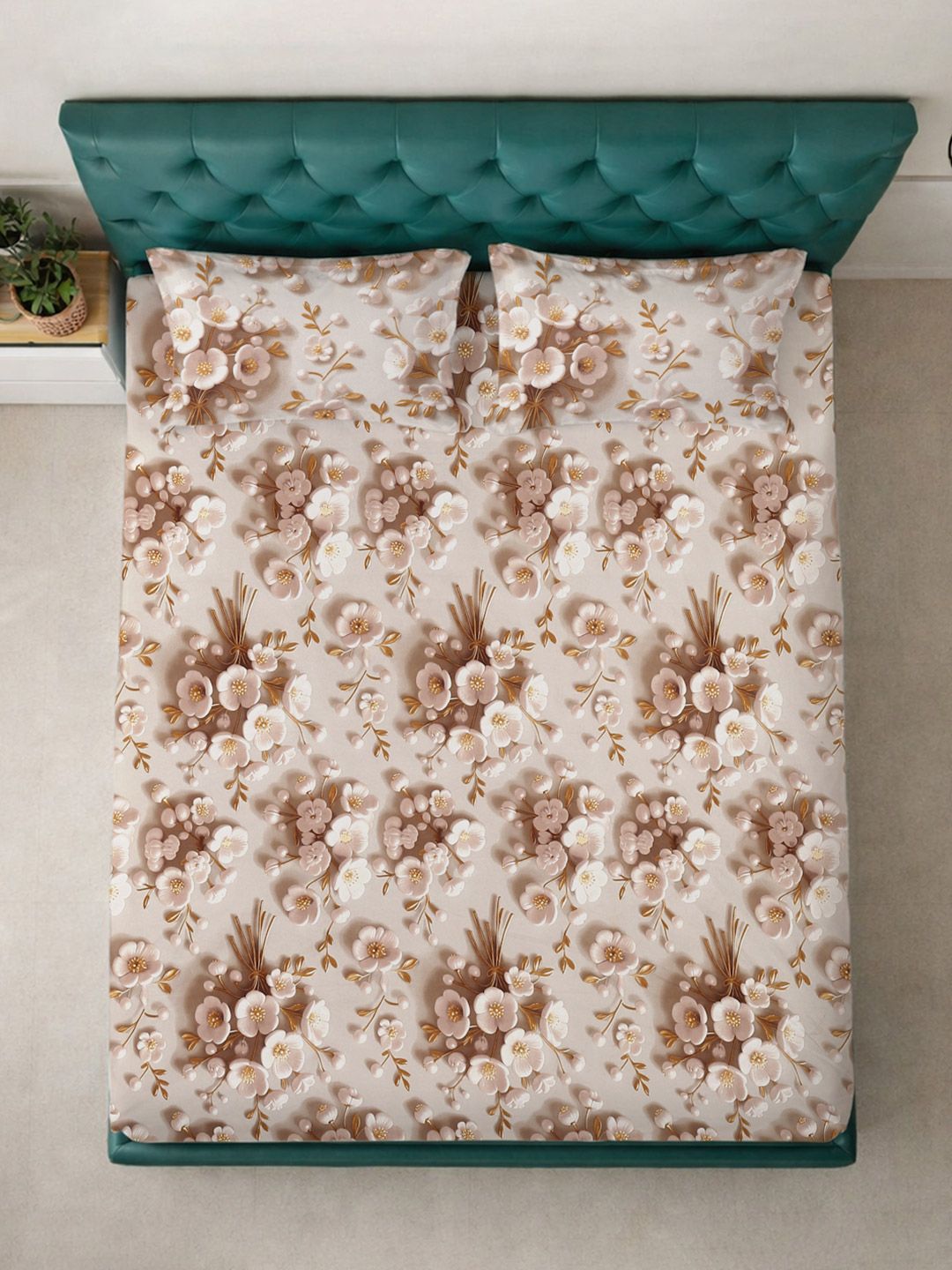 KLOTTHE Cream Floral Printed Fitted 300 TC King 7D Bedsheet With 2 Pillow Cover