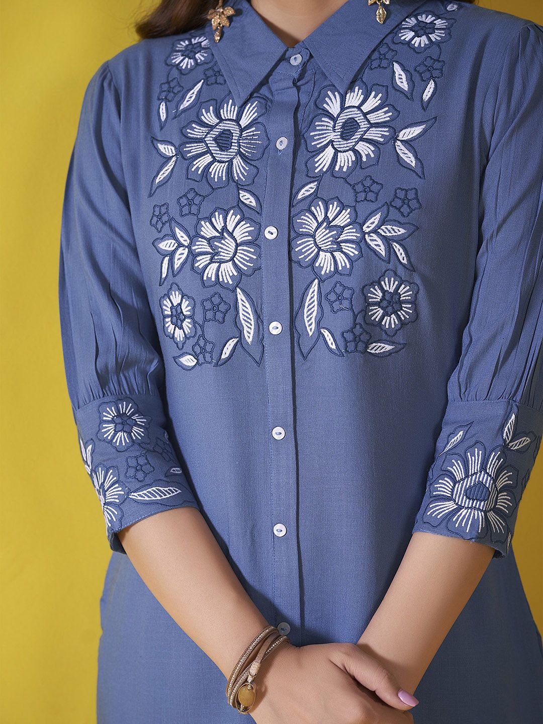 Anouk Blue and white Embroidered Liva Shirt With Trouser