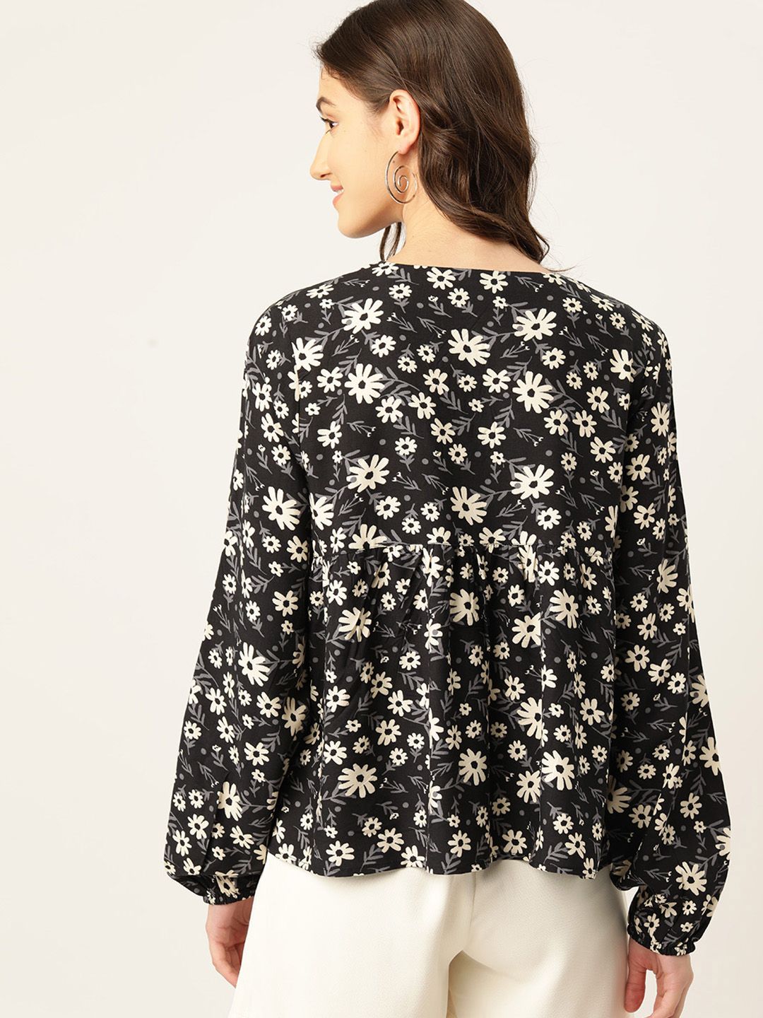 DressBerry Floral Print Tie-Up Neck Puff Sleeves Empire Top