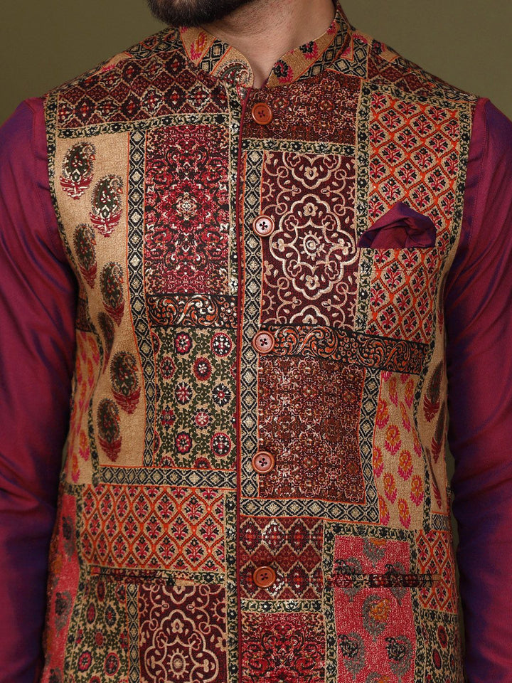 KISAH Men Abstract Printed Regular Fit Kurta Jacket Dhoti Set