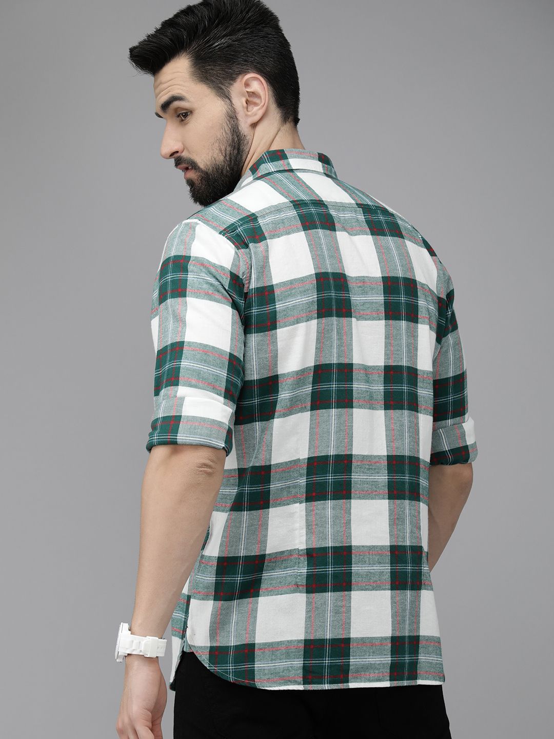 THE BEAR HOUSE Men Green Pure 8Checked Slim Fit Flannel Casual Shirt