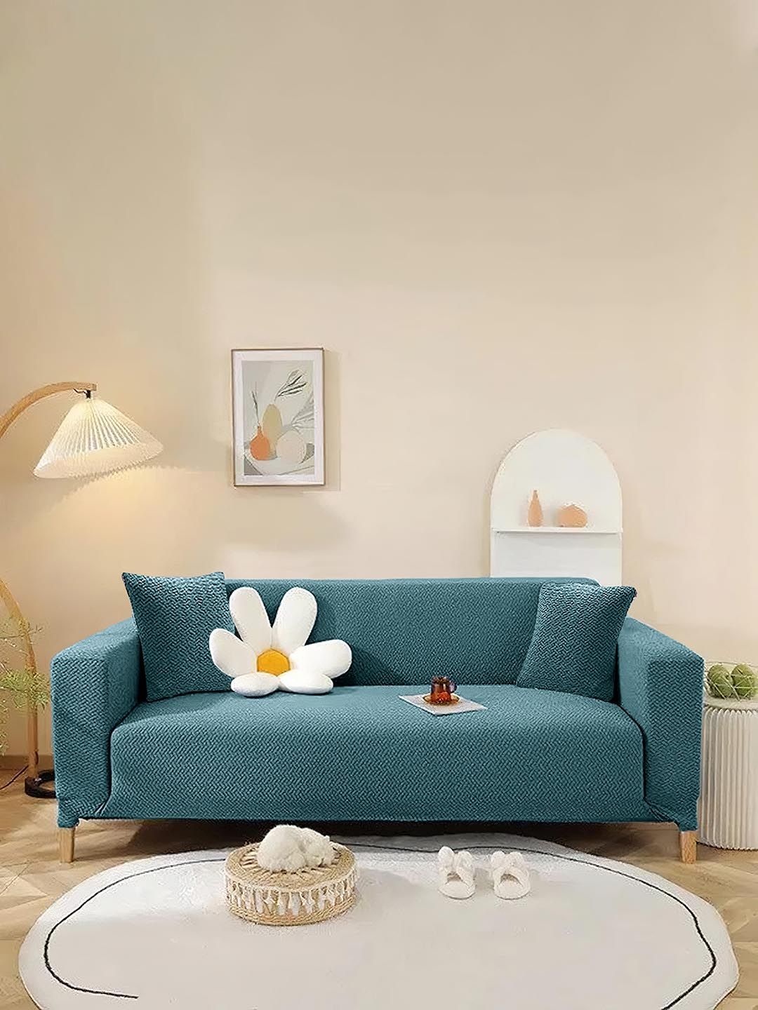 Cortina Teal Blue Self designed Jacquard 2 seater Sofa Cover
