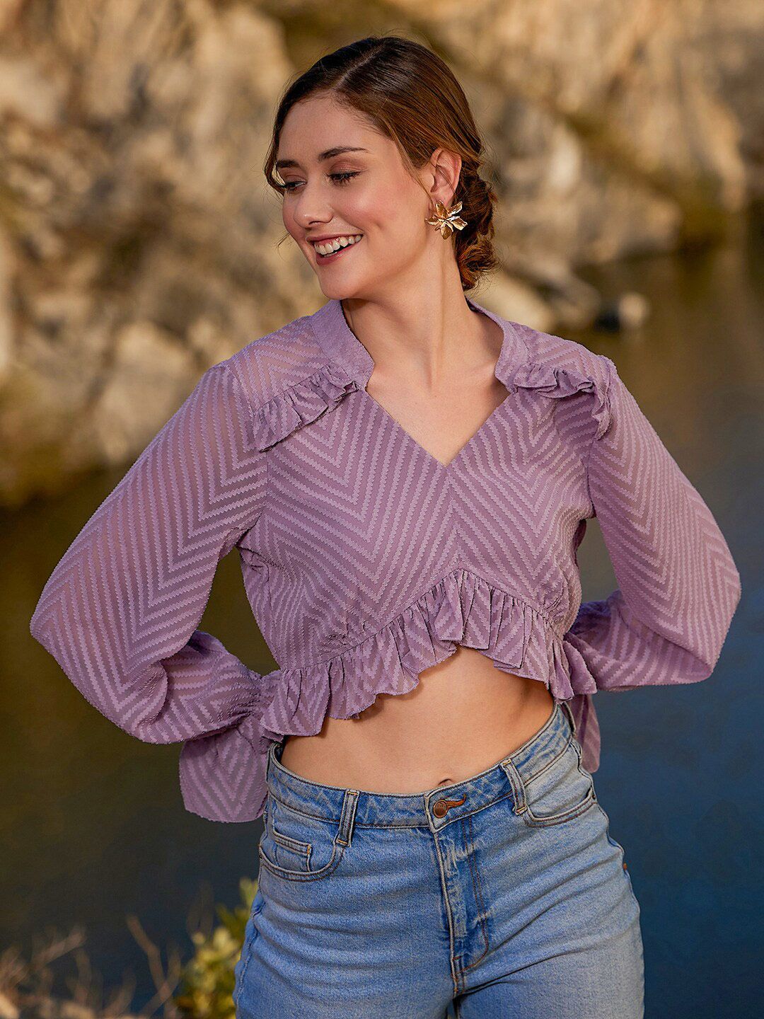 Athena Self Design Gathers & Pleated Ruffles Crop Top