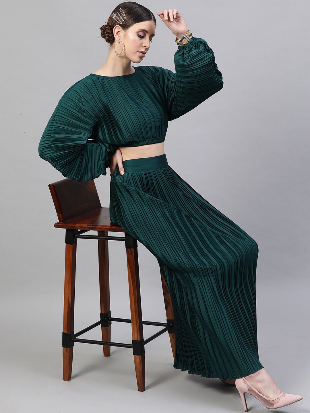 STREET 9 Women Green Solid Satin Finish Accordion Pleated Maxi A-Line Skirt