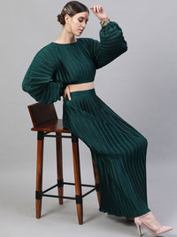 STREET 9 Women Green Solid Satin Finish Accordion Pleated Maxi A-Line Skirt