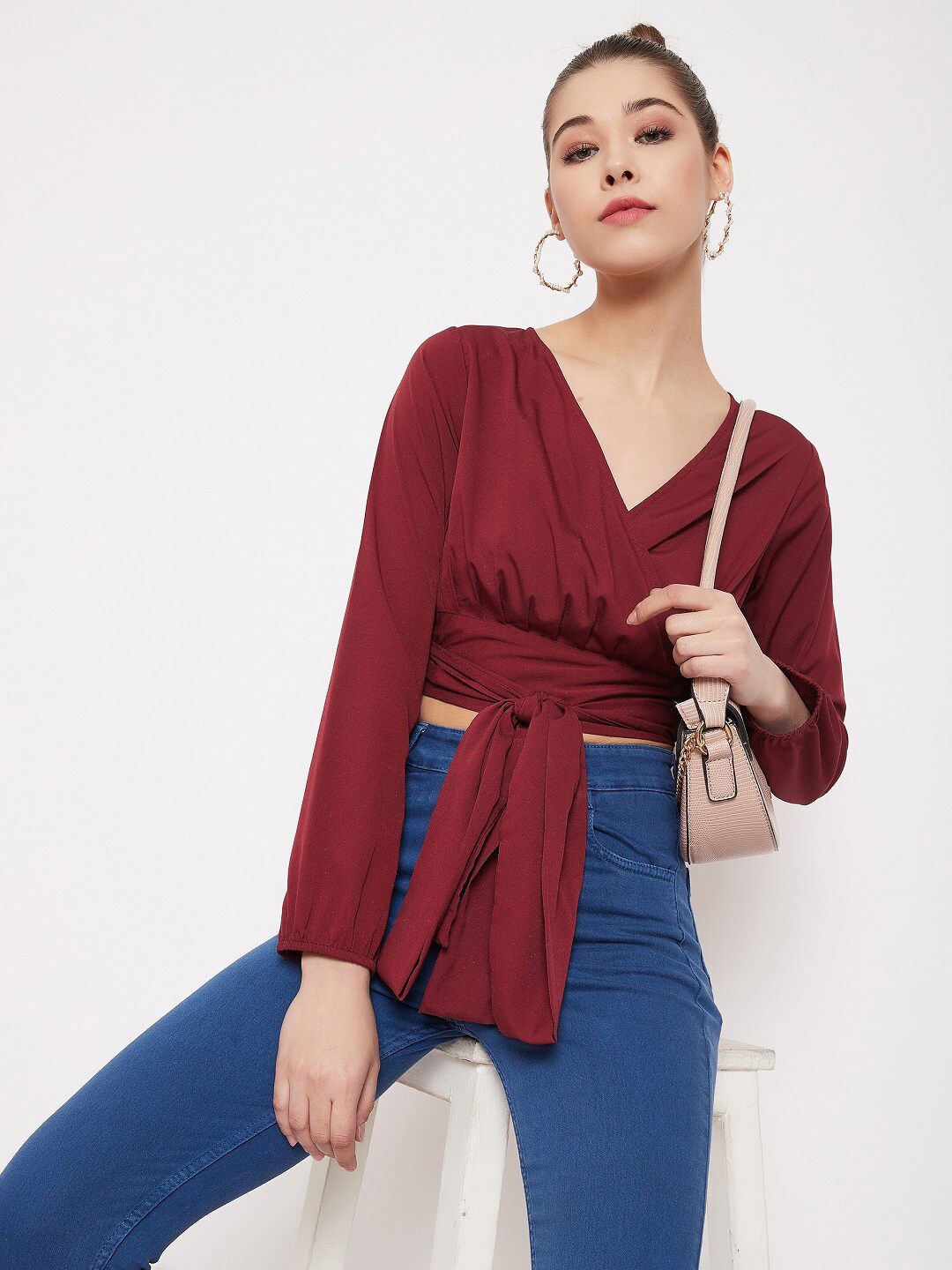 Berrylush Women Maroon Solid Wrap Crop Top