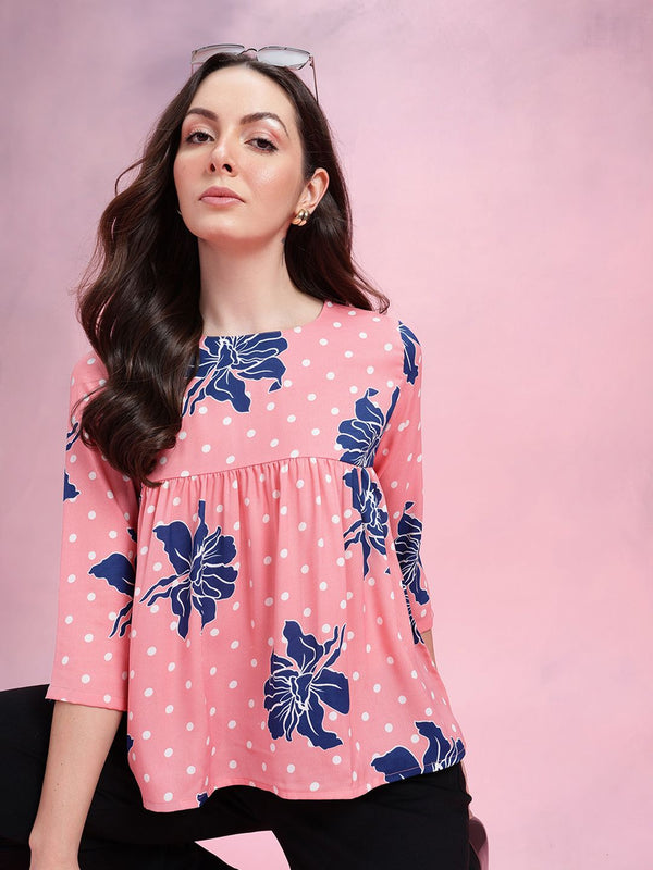 DressBerry Floral Print Boat Neck Gathered Detail Empire Top