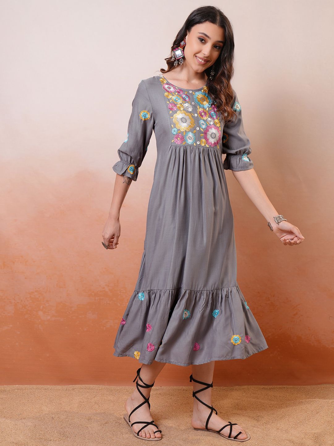 Vishudh Grey Floral Embroidered Round Neck Fit & Flare Midi Dress