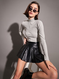 SASSAFRAS Ribbed High Neck Front Zipper Fitted Top